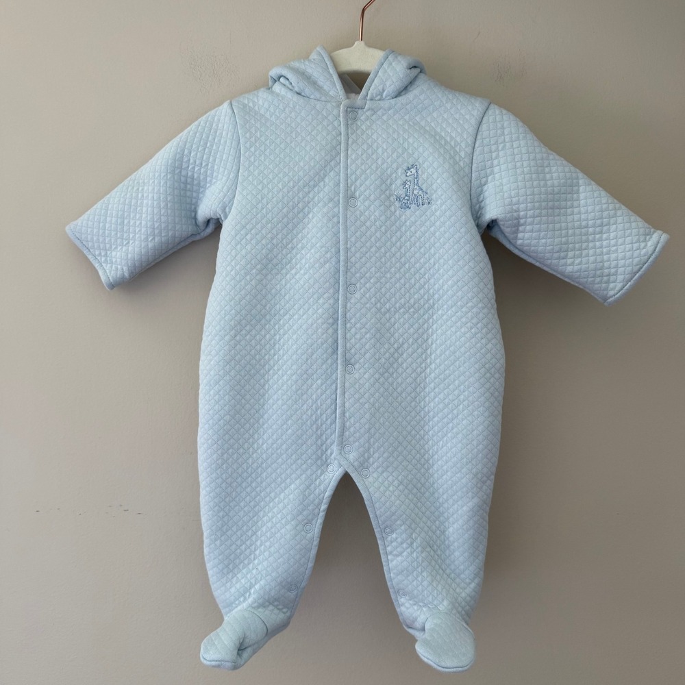 Kissy Kissy Light Blue Quilted Pima Cotton Giraffe Hooded Pram Suit 0-3M